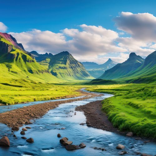 Peaceful nature landscape with green mountain views, with river